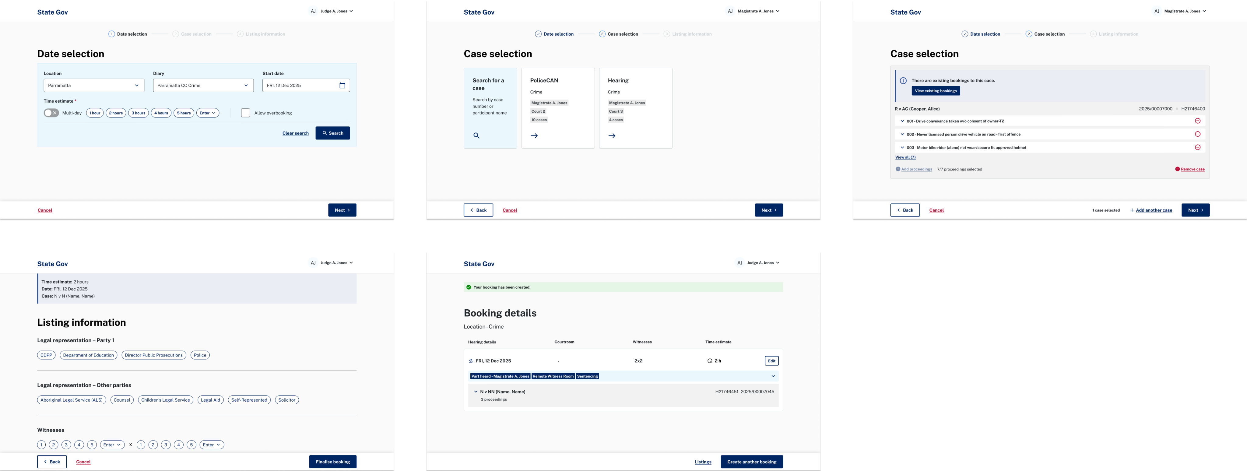 Five booking flow screens: date selection, case selection, case search results, listing information and booking details