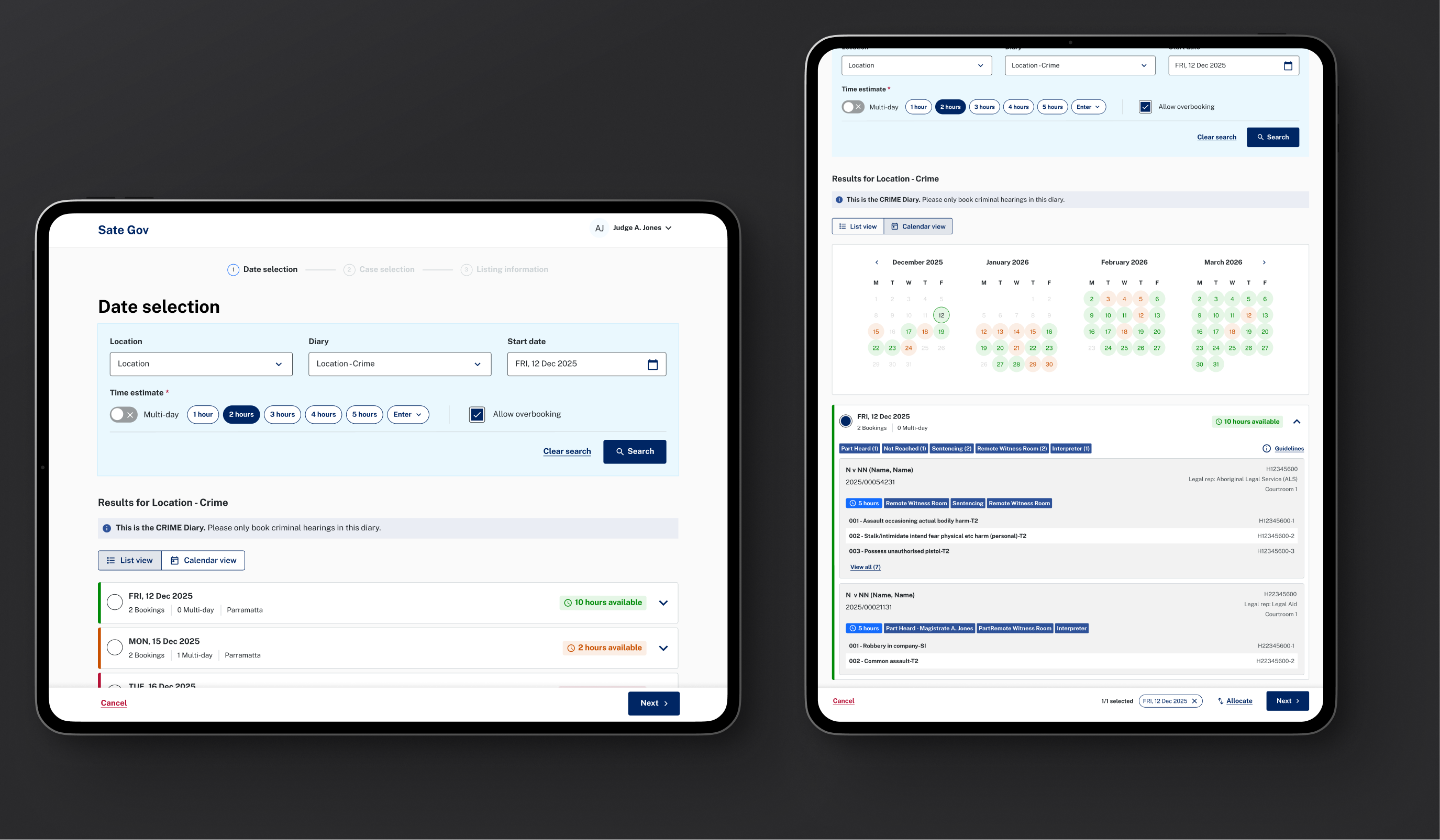 Courtroom diary booking screens on two tablets: the date selection list view and the calendar view