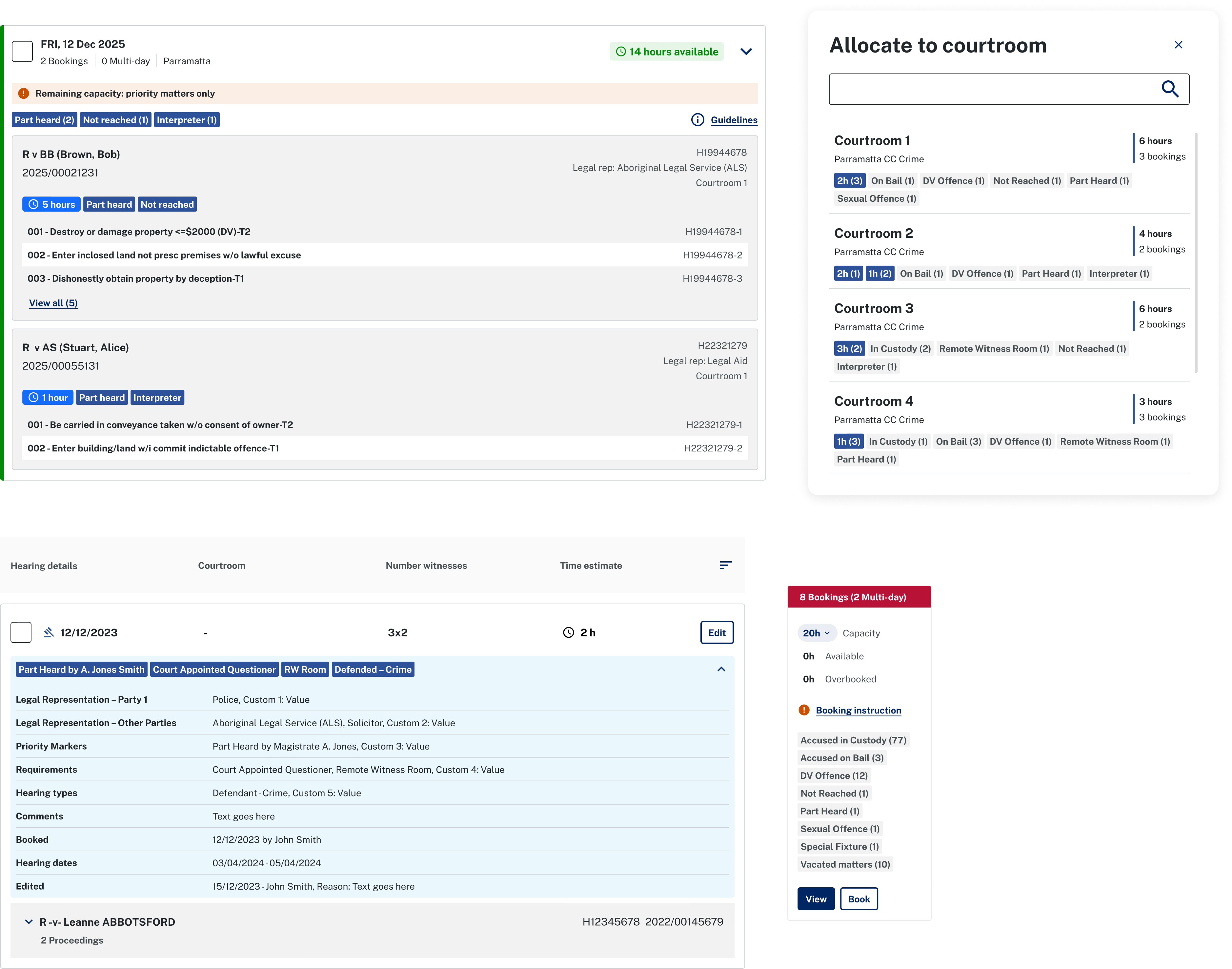 Diary day view showing priority markers on each hearing, with the Allocate to courtroom dialog and a capacity summary