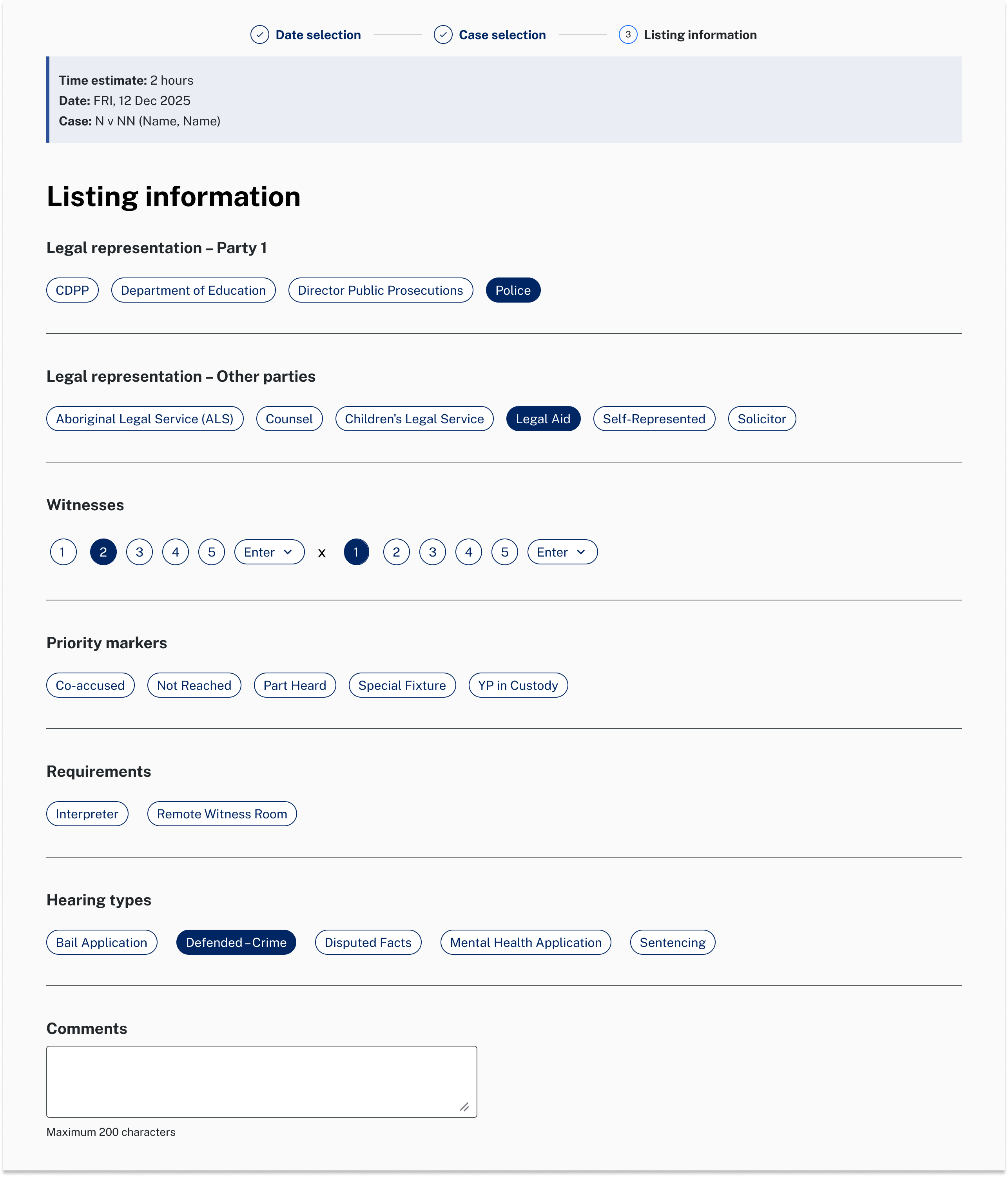 Listing information step with legal representation, witnesses, priority markers, requirements and hearing types