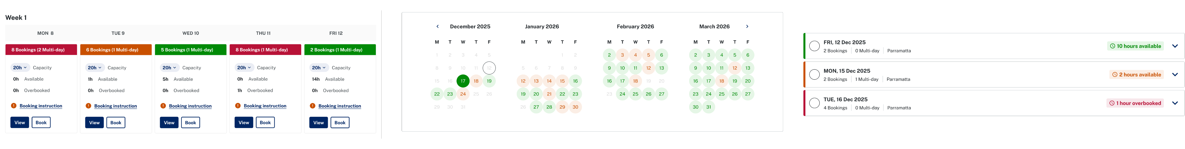 Diary capacity shown three ways: weekly summary cards, a multi-month availability calendar and colour-coded day rows