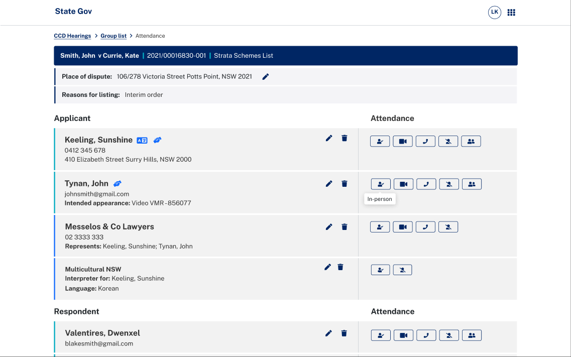 Attendance screen: applicants and respondents with contact details and buttons to record how each party attended