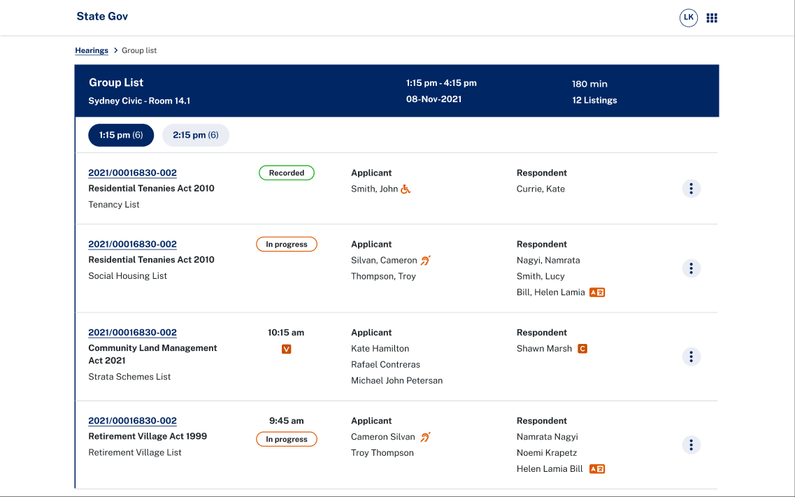 Group list screen: a hearing room’s listings for the day, each with case number, act, status, applicants and respondents