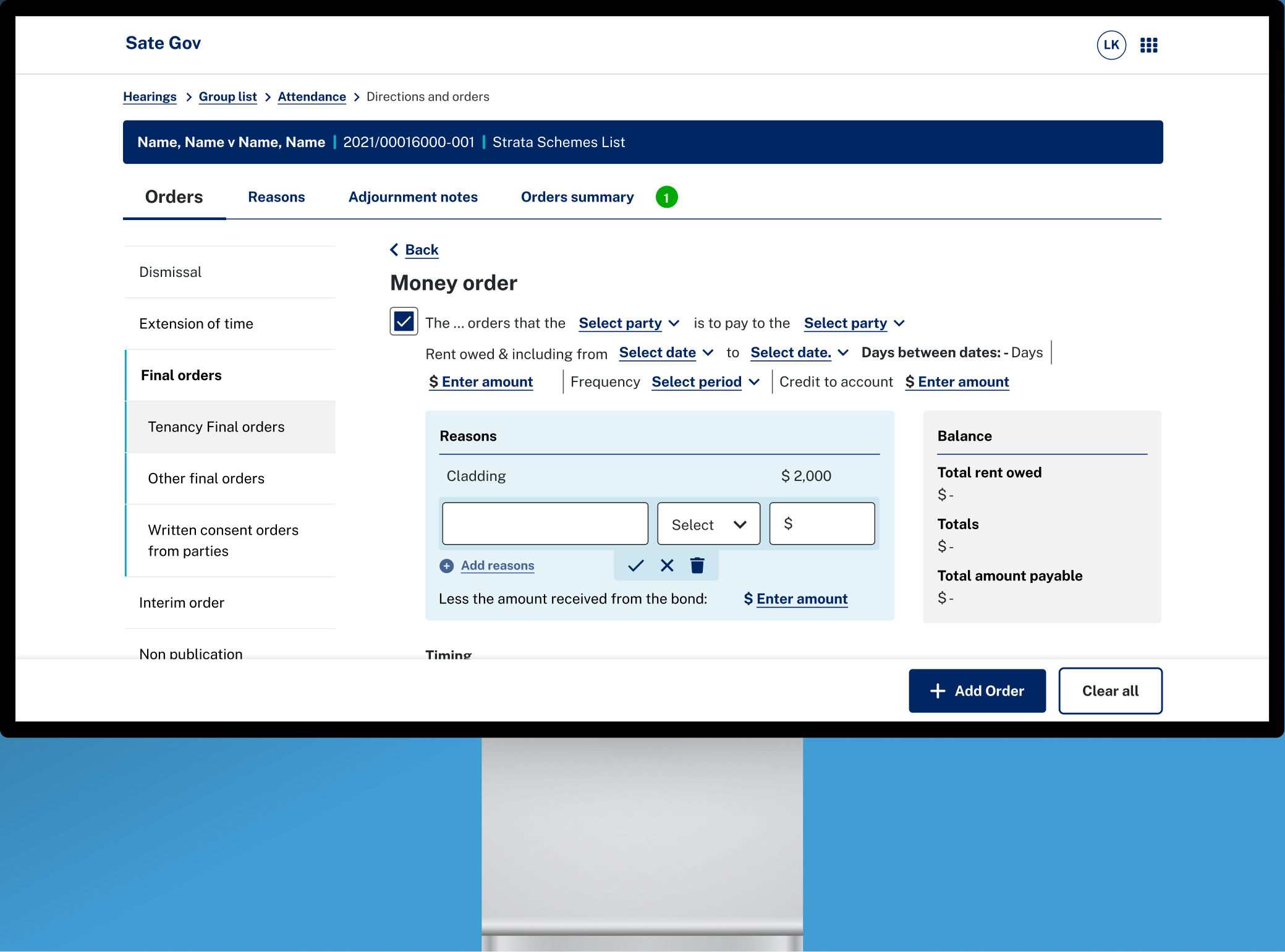 Decision maker tool on a Pro Display XDR, showing the Money order screen: order types on the left, an order sentence with fillable party, date and amount fields, reasons and a balance panel