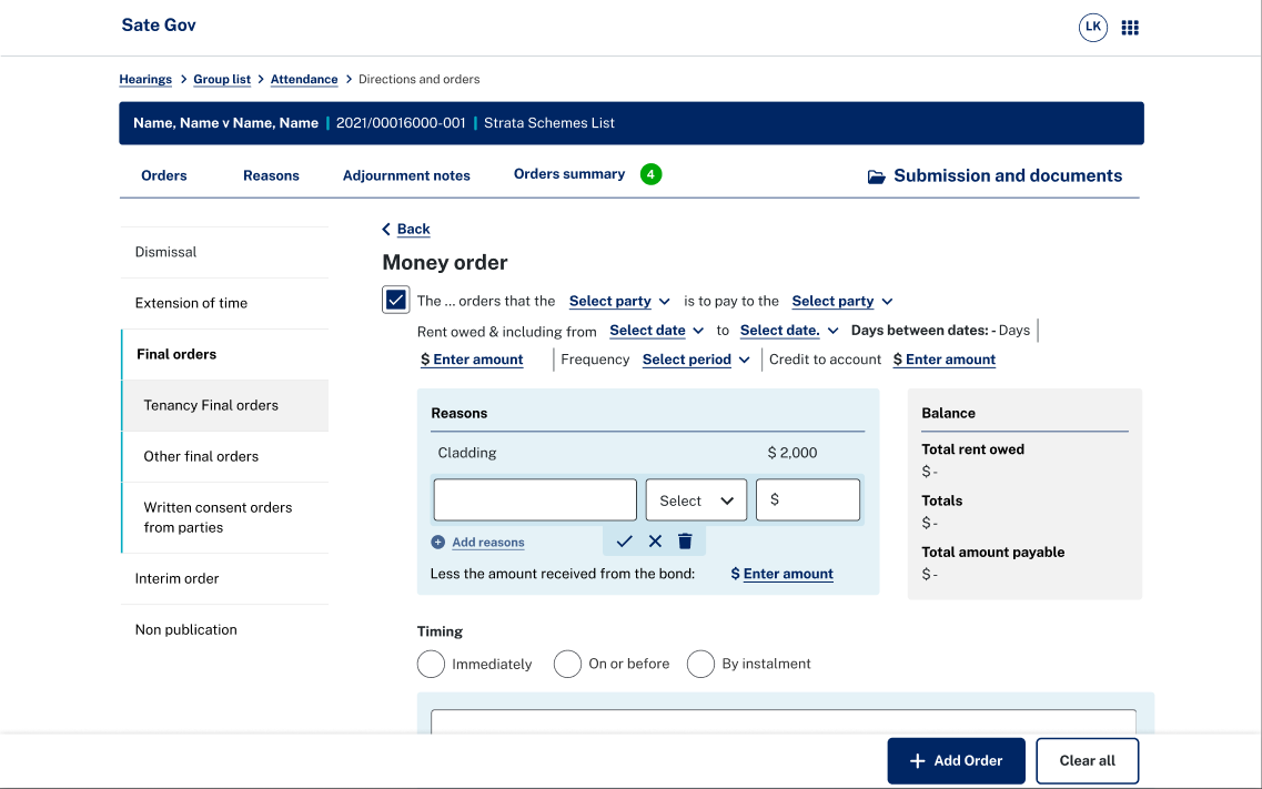 Money order screen: an order sentence with fillable party, date and amount fields, a reasons panel and a balance summary