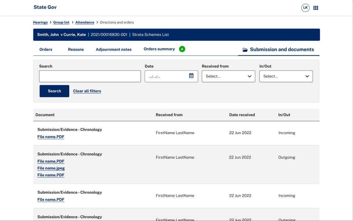 Submission and documents tab: search filters above a table of documents with who they were received from, date received and direction