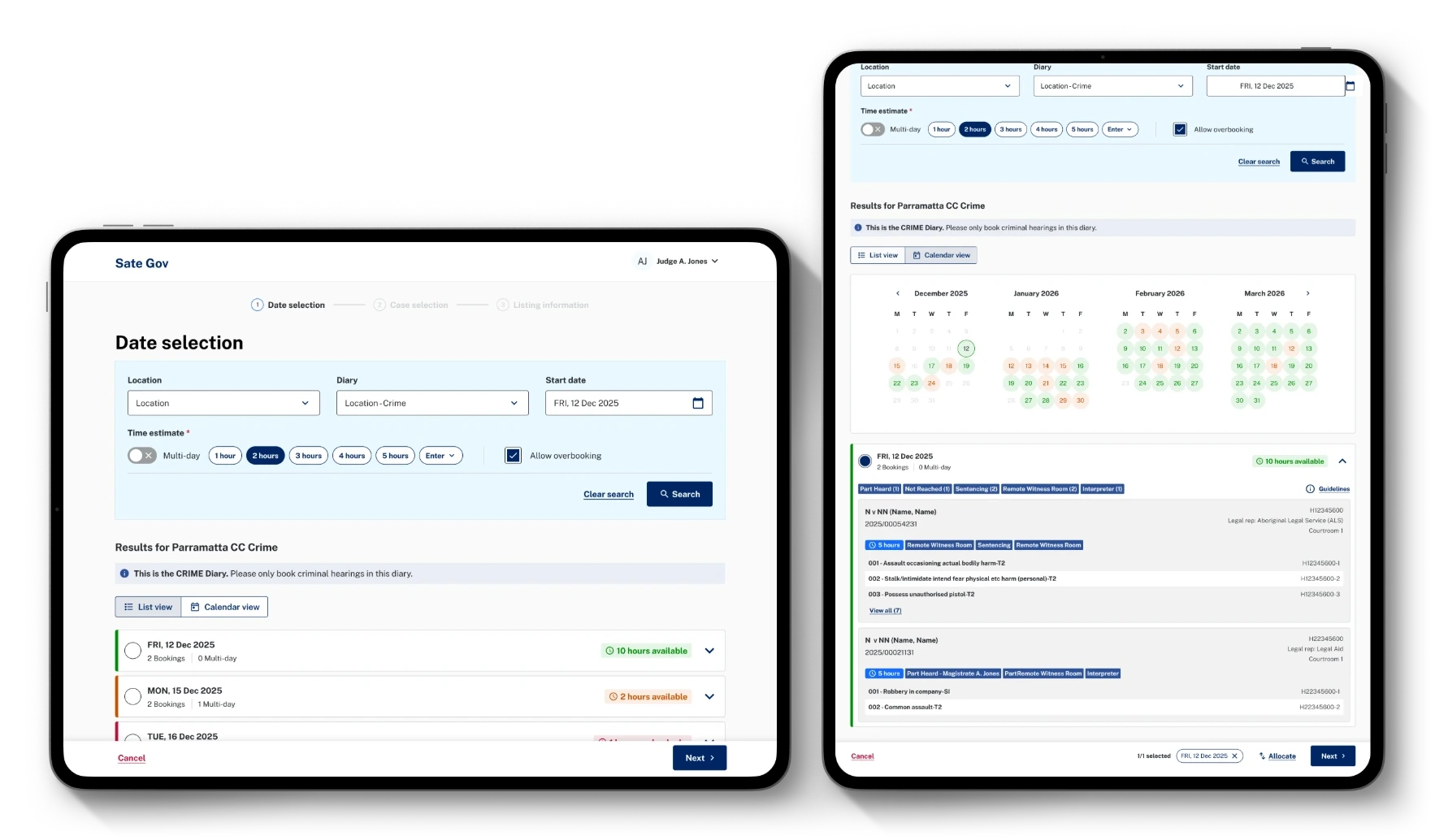 Courtroom diary booking screens on two tablets: date selection in list view, and calendar view with the bookings for the selected day
