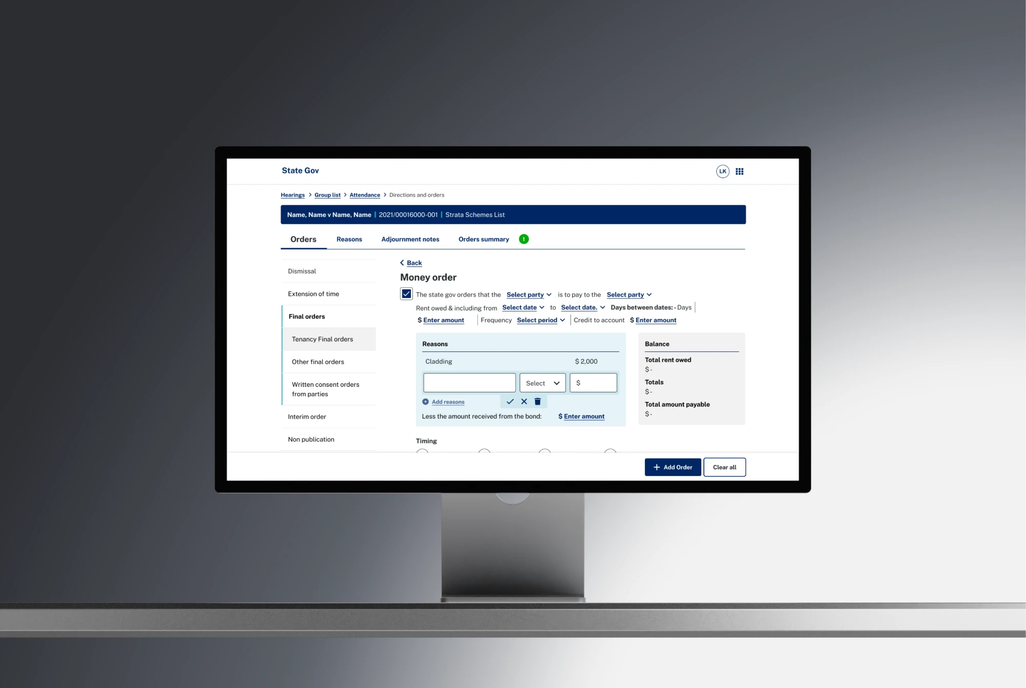 Decision maker tool on a desktop display, recording a money order in the hearing’s Orders tab