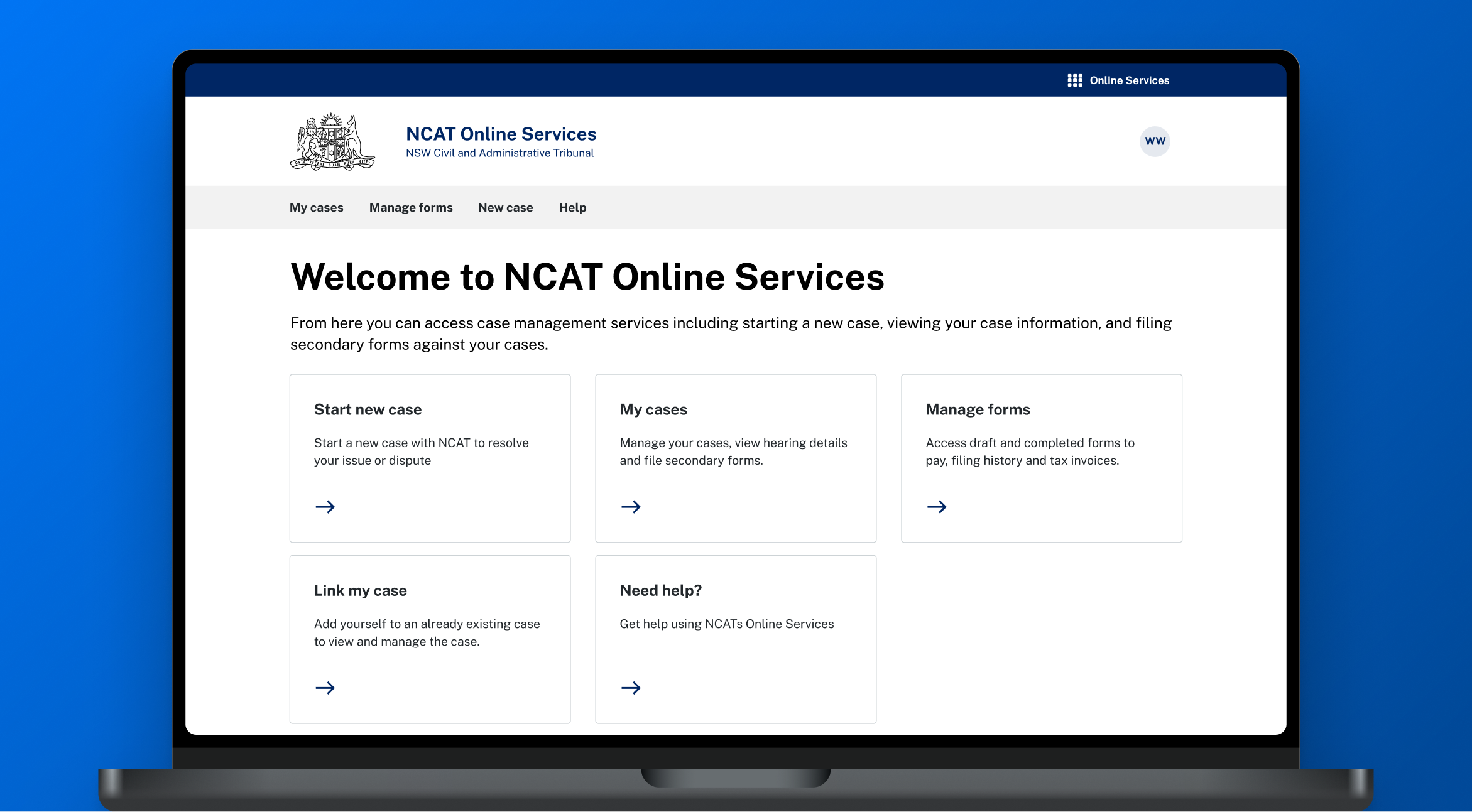 NCAT Online Services home page on a MacBook, with cards to start a new case, view my cases, manage forms, link a case and get help